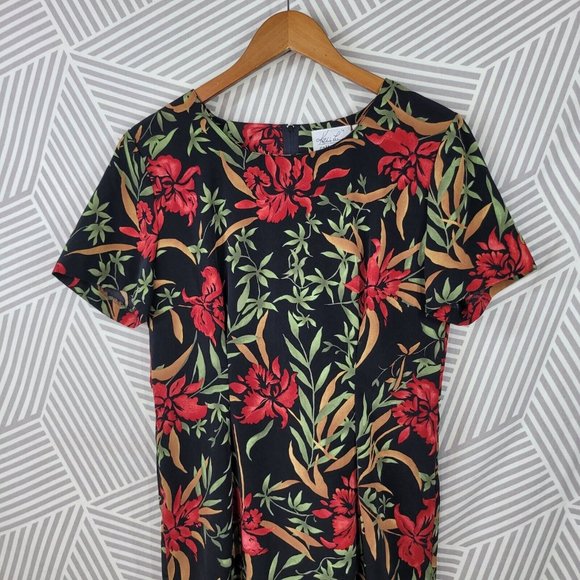 Vintage 90s Kathy Lee Tropical Sheath Dress size Medium unlined Red Knee Length - Picture 3 of 6